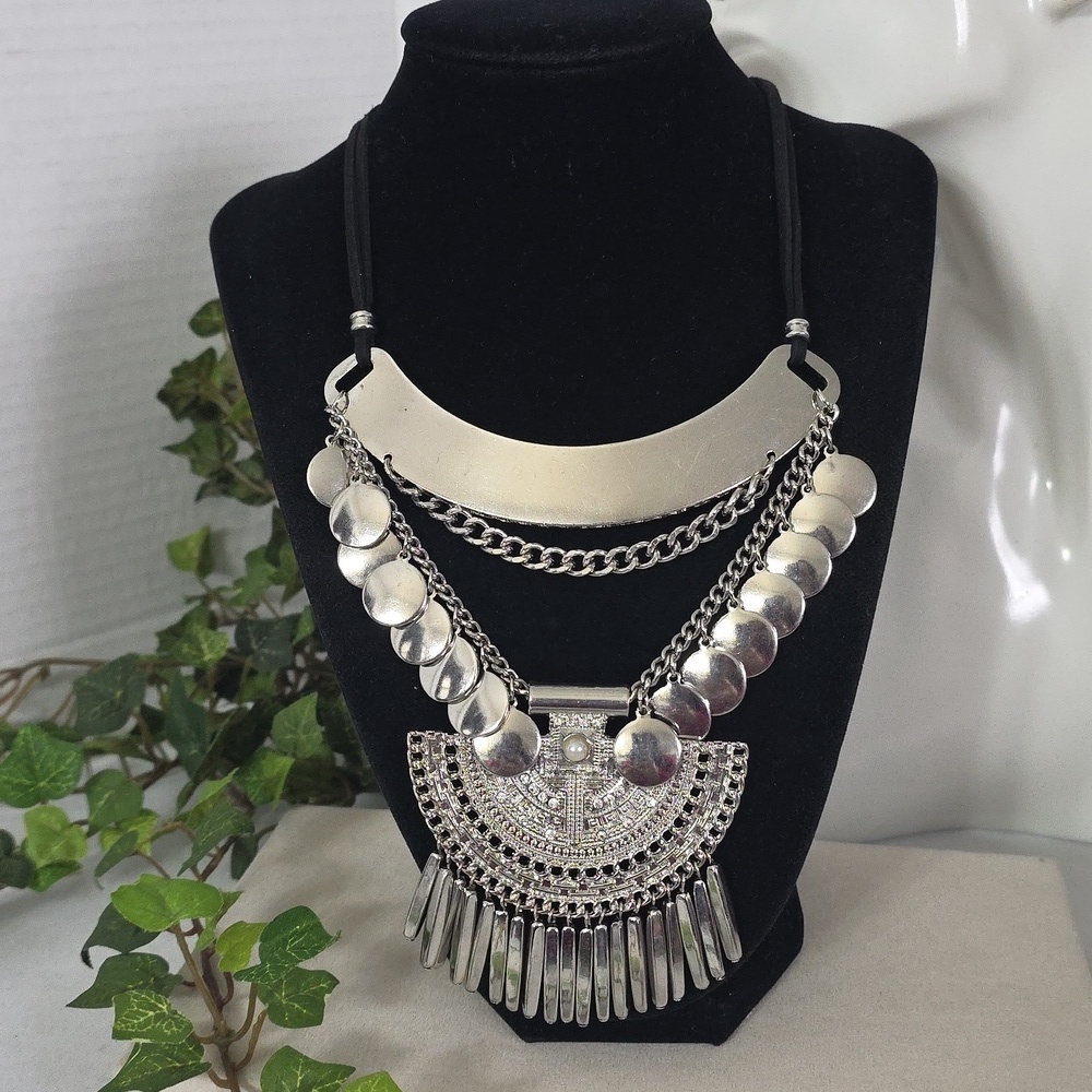 Silver Boho Ethnic Chunky Bib Statement Necklace